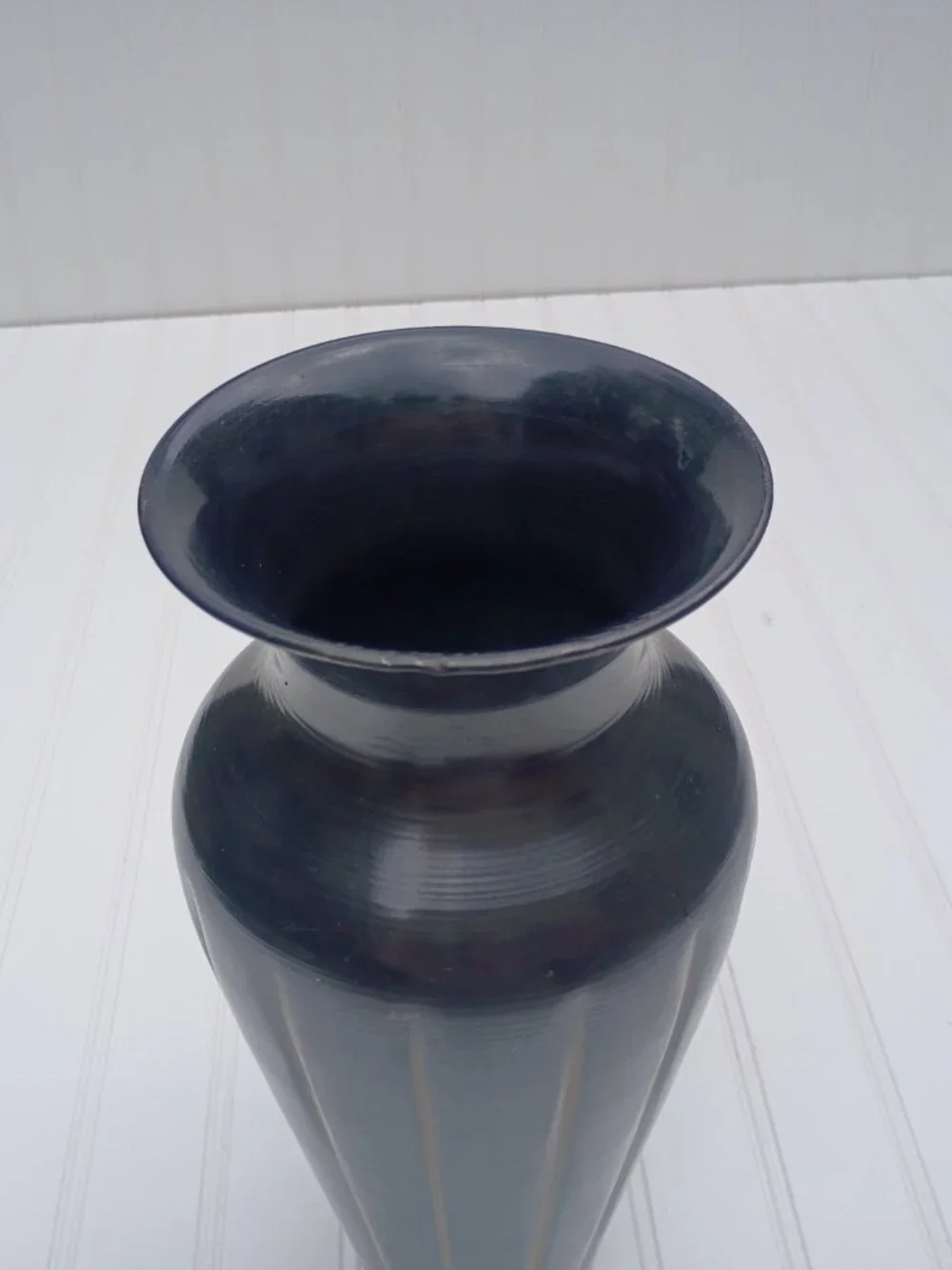Ribbed Metal Vase Black Distressed Fluted Design 12.5